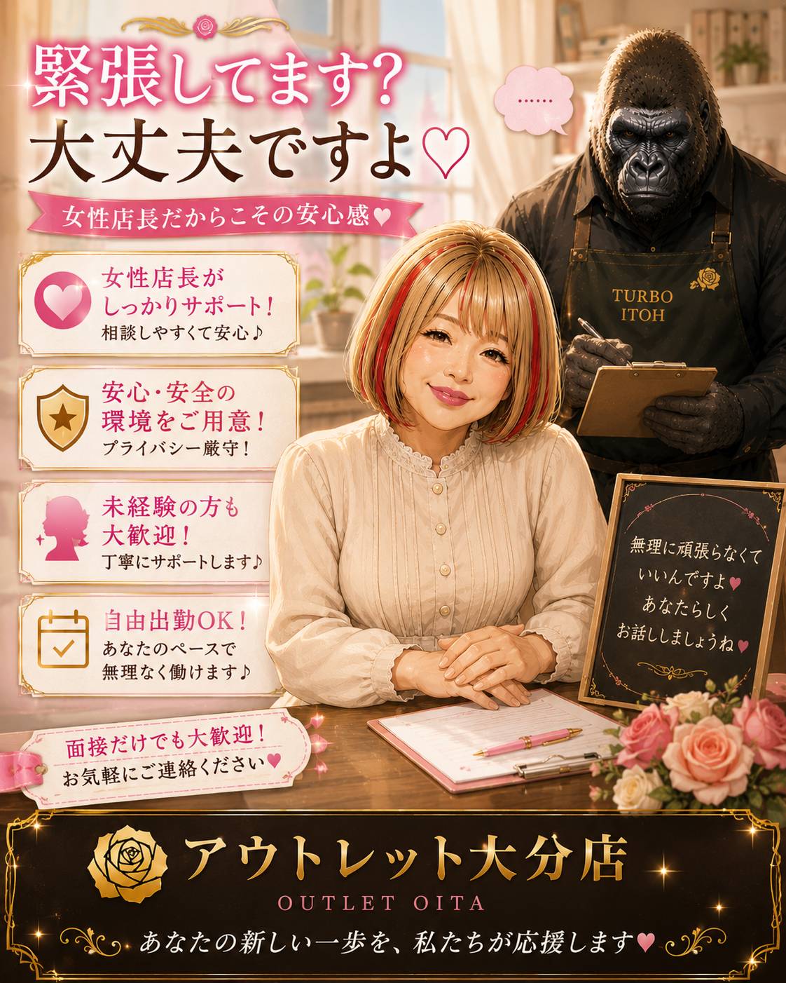 大分デリバリーヘルス 熟女の風俗アウトレット大分店の店長ブログ「その不安、面接で置いて帰ってください☆」